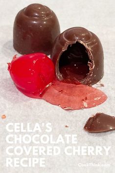 three pieces of chocolate covered cherry with the words cella's chocolate covered cherry