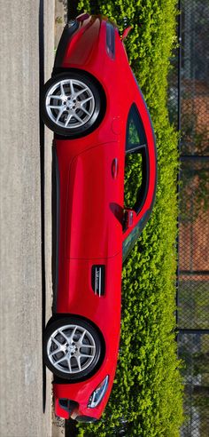 a red sports car is parked in front of a fence and some green plants on the side of the road