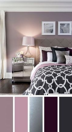 a bedroom with purple and grey colors in the walls, bedding and pillows on top of each other