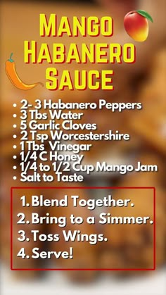 the menu for mango habanero sauce