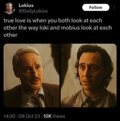 two men in suits and ties looking at each other with the caption true love is when you both look at each other