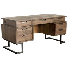 an office desk with two drawers and metal legs