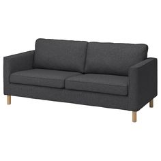 a gray couch with wooden legs on a white background