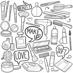 an image of make up doodles with cosmetics and makeup products in black and white