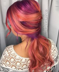 Peach And Purple Hair, Orange Purple Hair, Orange And Purple Hair, Purple And Orange Hair, Halloween Hair Color Ideas, Halloween Hair Color, Purple Hair Dye, Pelo Color Vino, Sunset Hair