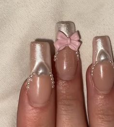 Ribbon Bow Nails, Croquette Nails Aesthetic, Coquette Nails Square, Couqutte Nails, Kawaii Nail Art Korean, Pink Coquette Nails, Balletcore Nails, Croquette Nails