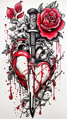 a heart and dagger tattoo design with roses on the side, blood dripping down all over it