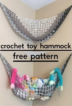 crocheted hammock free pattern with text overlay that reads, crochet toy hammock free pattern