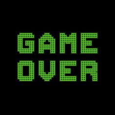 the words game over written in green pixels on a black background with an arrow pointing to it