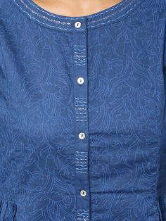 Indigo Block Printed Cotton Dress Detail Couture, Embroidery On Kurtis