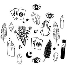 black and white drawing of various items in the shape of an eye, feather, star, moon, pyramid, pentagram