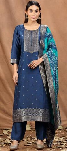 Blue color Salwar Kameez in Art Silk fabric with Stone, Weaving work Luxury Blue Banarasi Silk Salwar Kameez, Luxury Blue Slub Silk Salwar Kameez, Blue Kurta With Dupatta In Traditional Drape, Blue Traditional Drape Kurta With Dupatta, Blue Anarkali Kurta For Transitional Season, Blue Chanderi Kurta With Dupatta, Transitional Blue Chanderi Salwar Kameez, Blue Anarkali Set With Pallu, Blue Anarkali Set With Pallu And Straight Kurta