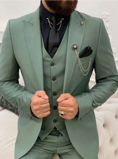 Three peice mens wedding suit in green Green Suit Men, Peak Lapel Suit, Tuxedo Wedding Suit, Mens Wedding Suits, Green Wedding Suit, Pants Gift, Wedding Suits Groom, Dress Suits For Men, Suit Material