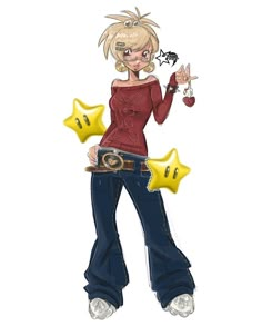 a drawing of a woman with blonde hair holding two star shaped objects in her hands