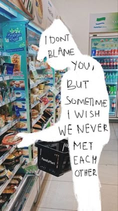 a person standing in front of a grocery store filled with food and drinks, holding a shopping basket