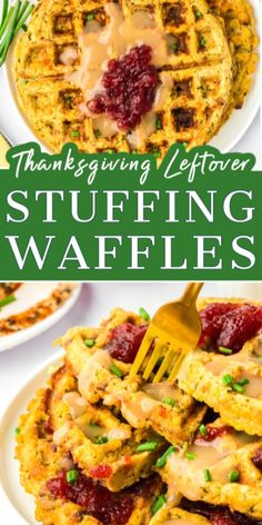 thanksgiving leftover stuffing waffles with cranberry sauce