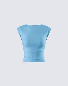 Sleek in the front, sexy in the back 💙 Made from jersey fabric, complete with a cap sleeve, regular length, low open back, and form-fitting style - this blue backless top is perfect for casual days, nights out, and everything in between 😍 Bright Blue Clothes, Baby Blue Shirts, Blue Top Outfit, Slytherin Clothes, White Corset Dress, Blue Clothes, Strapless Ruffle Dress, High Waist Sports Leggings, Light Blue Shirt