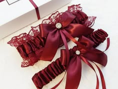 "Burgundy Wedding Garter Set, Burgundy Bridal Garter, Garter Belt, Burgundy Garter Set, Leg Garter for Bride, Toss and Keepsake Set Make your wedding day even more special with this two piece bridal garter set. Using a tape measure, simply measure around your thigh in the spot where you will be wearing the garter (usually about 4\" above your knee). Use that measurement as a guide to select the correct size for your garter. Please measure your thigh carefully to select the correct size. All gart Burgundy Garter Bridal, Burgundy Barn Wedding, Burgundy Theme Wedding, Burgundy Wedding Decorations, Black And Burgundy Wedding, Wedding Leg Garter, Burgundy Wedding Decor, Hunting Wedding Theme, Rose Gold Wedding Decor