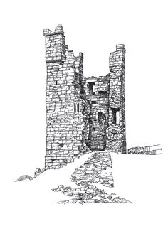 an ink drawing of a castle on a hill with stairs leading up to the door