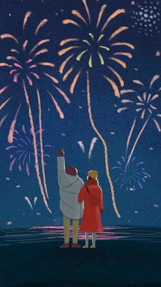 two people looking at fireworks in the sky