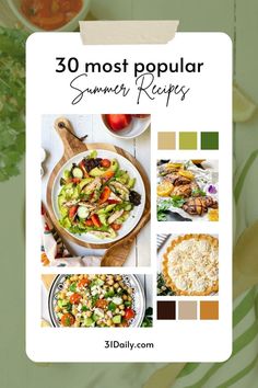 the cover of 30 most popular summer recipes, with pictures of salads and vegetables