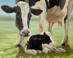 a painting of two cows laying in the grass