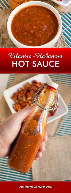 a person holding a bottle of hot sauce in front of a bowl of chili beans