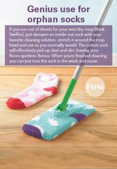 an advertisement with two pairs of socks and a mop