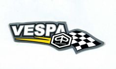 the vespa logo is shown in black and white with checkered flag on it