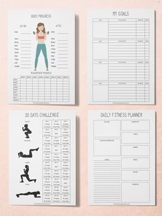 three printable workout planner pages with the text, 30 days challenge and daily fitness planner