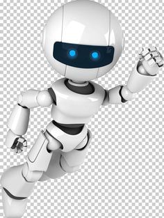 a white robot with blue eyes and arms in the air