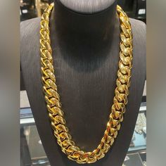 Cz Diamond Miami Cubian An Chain Stamp 14k Gold Plated 5x Layered Steel Non Rust Or Tarnish 12mm Thick 24inch Gold-tone Tarnish-resistant Cuban Link Necklace, Gold-tone Cuban Link Tarnish Resistant Necklace, Luxury 14k Gold Tarnish-resistant Cuban Link Necklace, Gold-tone Cuban Link Necklace, Gold-tone Cuban Link Metal Necklace, Mens Accessories Jewelry, Mens Gold, Cz Diamond, Gold Plate