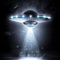 an alien ship flying through the sky with bright lights