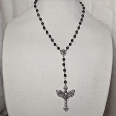 Death Moth With Cross Gothic Black Beaded Rosary Necklace Measures Approximately 18 Inches With A Lobster Clasp And 1.5 Inch Extension Chain Gothic Rosary Aesthetic, Gothic Rosary Necklace, Rosary Necklace Aesthetic, Black Rosary Necklace, Rosary Ideas, Alex Core, Cross Gothic, Rosary Style Necklace, Digital Wardrobe