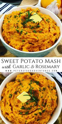 sweet potato mash with garlic and rosemary served in two white bowls on a table