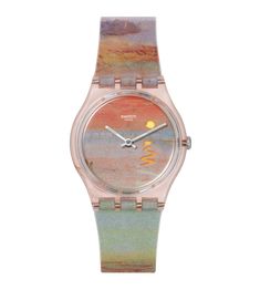 Buy TURNER'S SCARLET SUNSET for USD | Swatch AM Gallery Logo, Jmw Turner, Analog Watches, Tate Gallery, Art Watch, William Turner, Swatch Watch, Matte Pink, Kids Watches