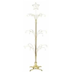 a white and gold metal coat stand with stars on the top, one star is hanging from it's side