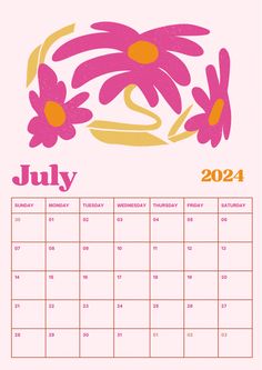 the july calendar with pink flowers on it