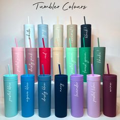 there are many different colored tumblers with straws in them and the names on each one