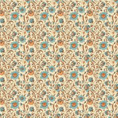 an abstract floral pattern with blue, orange and brown flowers on cream background fabric design