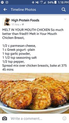 a plate with chicken patties on it and the text, high protein foods melt in your mouth chicken so much better than fried