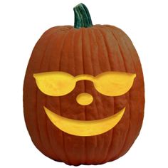 a carved pumpkin with sunglasses and a smile on it's face is shown in front of a white background