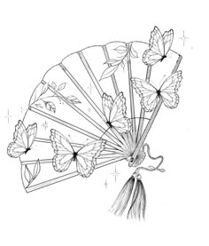 a drawing of a fan with butterflies on it