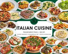 the italian cuisine is displayed with many different plates and dishes on it's green background