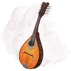 an orange and brown instrument sitting on top of a cloud filled white background in the shape of a guitar