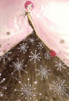 a painting of a woman in a dress with snowflakes on it's skirt