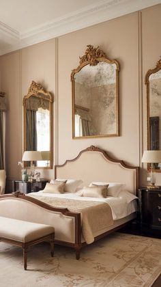 a large bed sitting in a bedroom next to two mirrors