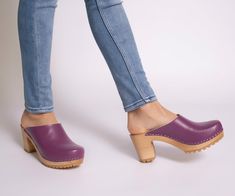 "The clogs are available in white, yellow, purple, red, black, deep brown, grey, hot pink, blue, navy blue, cappuccino, camel brown. Heel high 3\". Our handmade wooden clogs are made in a traditional European shoemaker workshop. ~made of finest European wood and natural leather ~anatomical footbed with arch support ~wooden sole covered with a thin rubber Our beautiful clogs are: ~perfect for every woman ~stylish and useful for casual wear ~perfect solution for looking both cute and comfortable ~ Summer Women Shoes, Clogs Women, High Heel Clogs, Moccasins Women, Swedish Clogs, Wooden Clogs, Clog Heels, Bridesmaid Shoes, Leather Heels Sandals