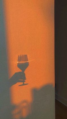 the shadow of a hand holding a wine glass in front of an orange wall with light coming through it