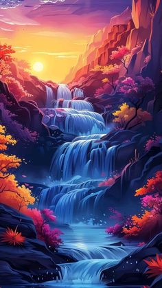 a painting of a waterfall in the middle of a forest with trees and flowers at sunset